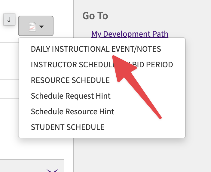 MINT report menu with DAILY INSTRUCTIONAL EVENT/NOTES highlighted